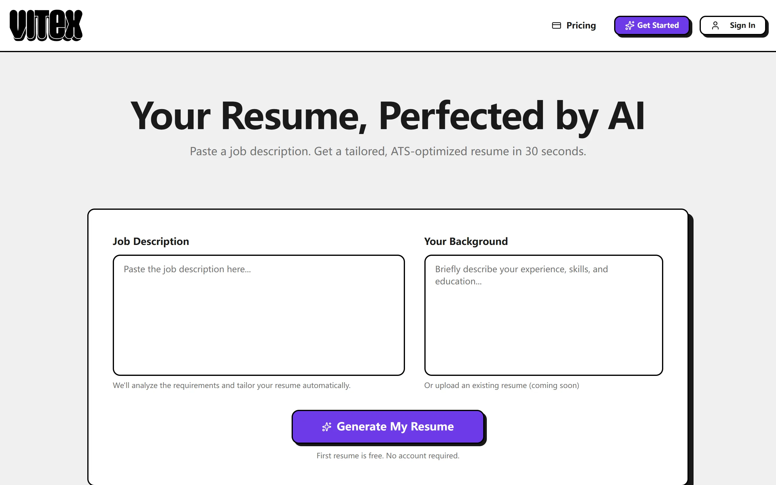 Vitex landing page — 'Your Resume, Perfected by AI' headline with Job Description and Your Background input areas and a purple Generate My Resume button