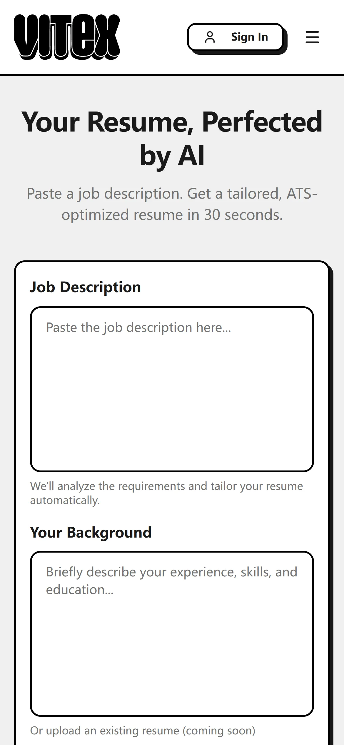 Vitex on mobile — stacked layout with Job Description and Your Background textareas filling the screen