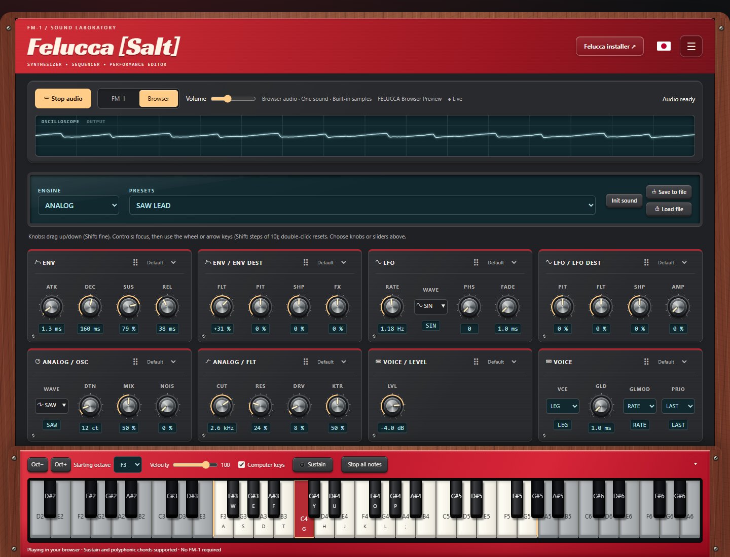 Felucca Salt Studio in the Stage Red theme, with browser audio and oscilloscope