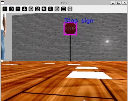 Gazebo frame: a red stop sign on a post inside a magenta bounding box labelled Stop sign, white lane patches on the floor ahead.
