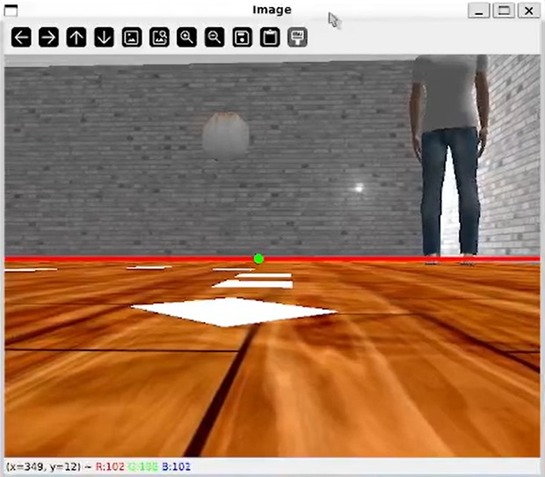 Gazebo camera frame: brick wall above, wooden floor with white lane patches below, a red horizontal line at the estimated horizon and a green dot at the vanishing point.