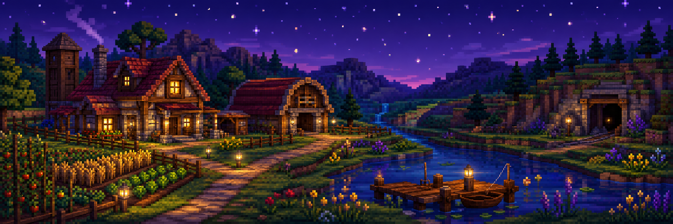 A farm, river, and mine under a starry sky
