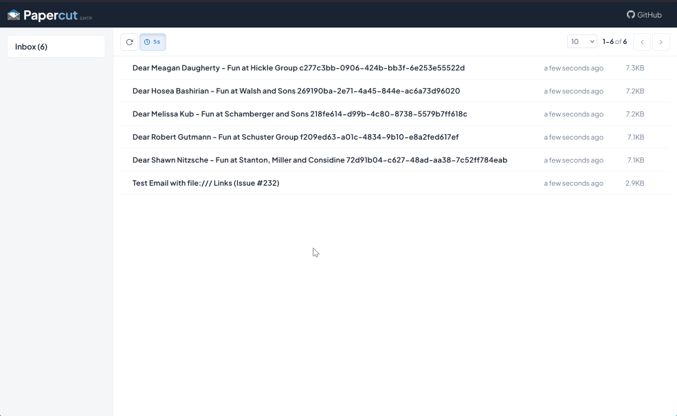 Papercut SMTP Web UI - Message List