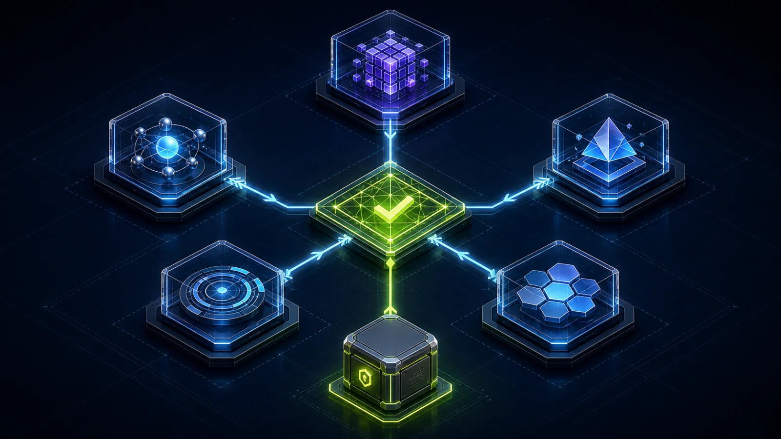Five specialized AI-agent modules connected through a central evidence gate to a durable artifact