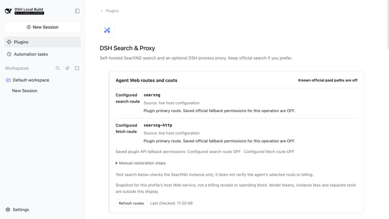 DSH Search & Proxy 0.5.0 English settings card showing the new name and host routes