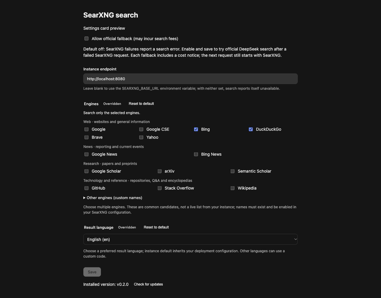 SearXNG settings card preview with grouped engine choices and a language dropdown