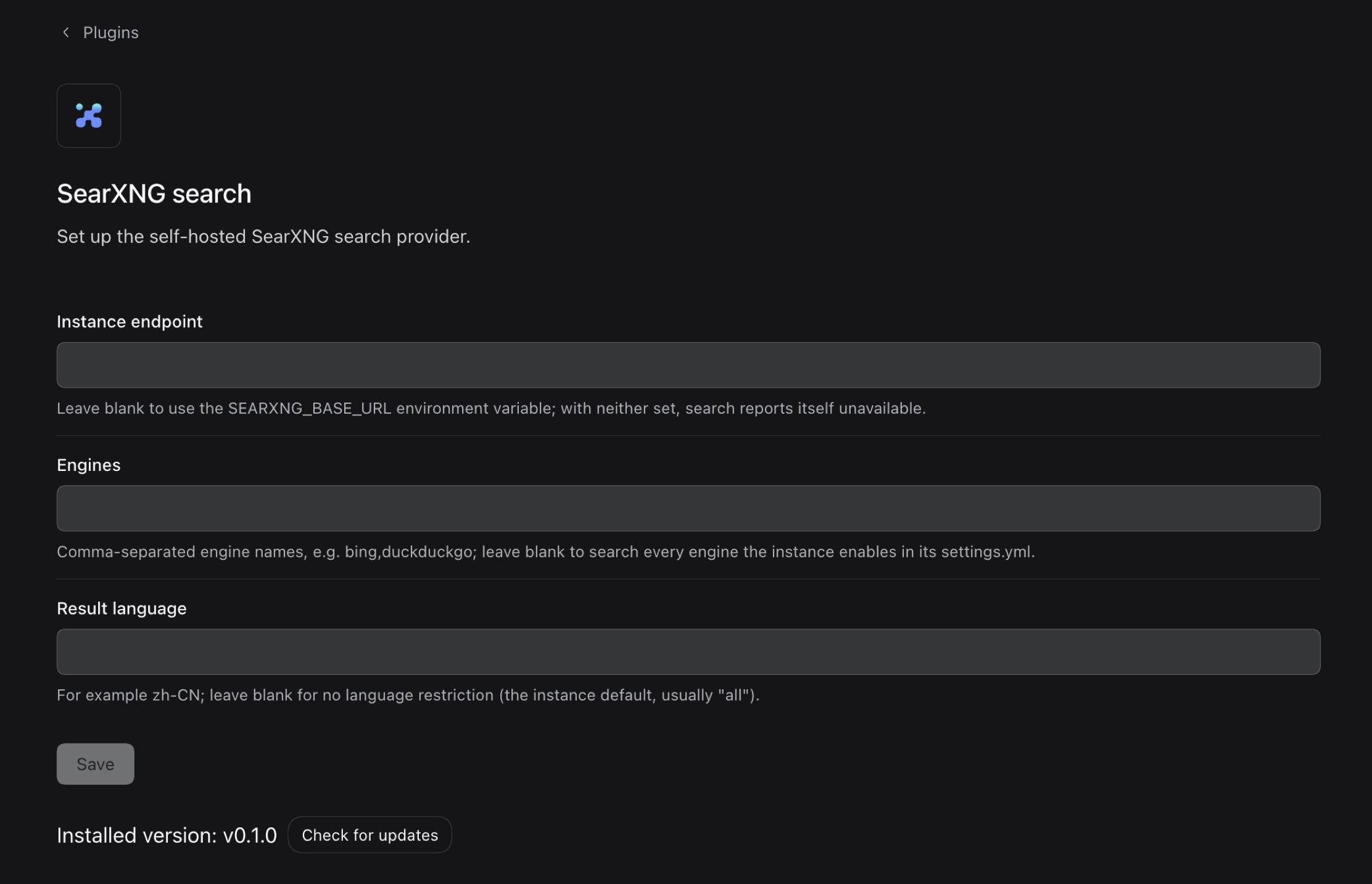 SearXNG settings card in Settings → Plugins