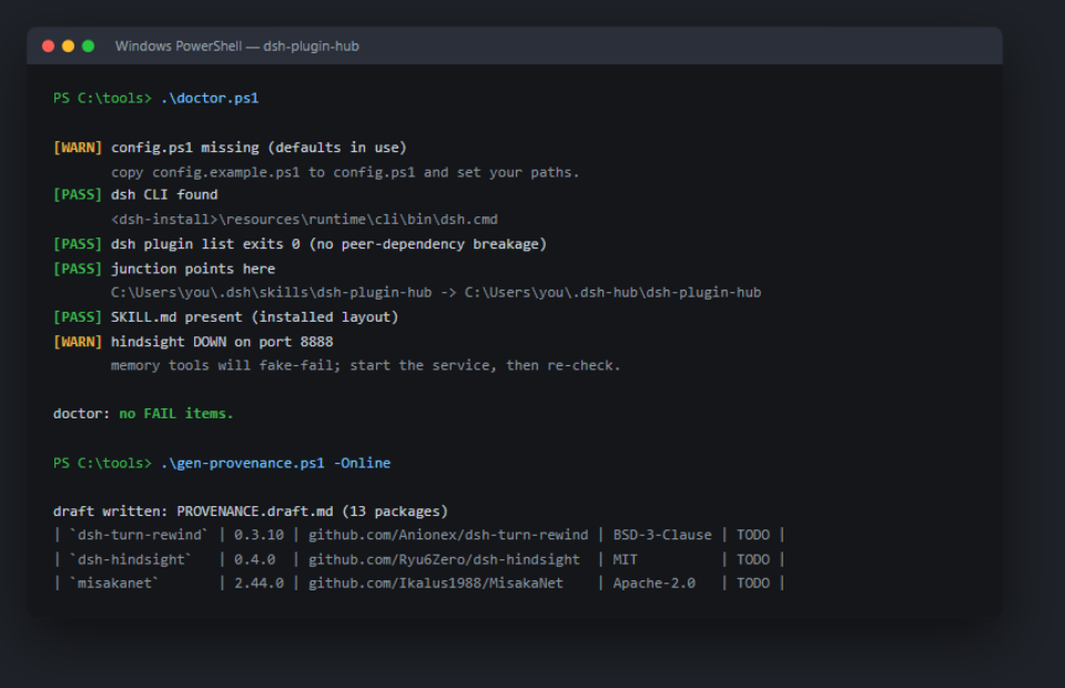 doctor.ps1 output: PASS/WARN per check with fix hints