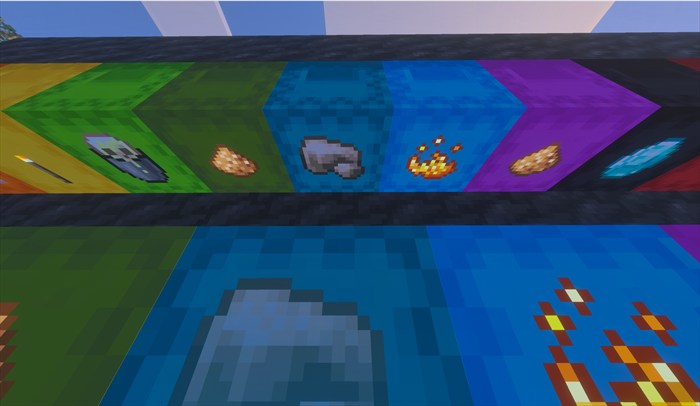 Item labels on the downward-facing lids of ceiling-mounted shulker boxes