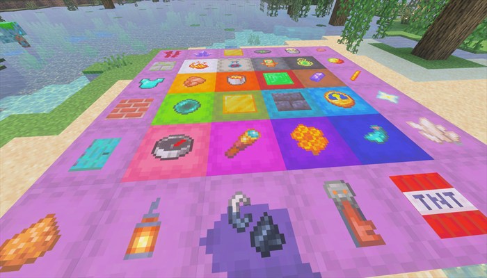 A close view of item labels applied to colorful shulker boxes