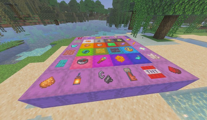 A wide outdoor grid of colorful shulker boxes displaying item labels