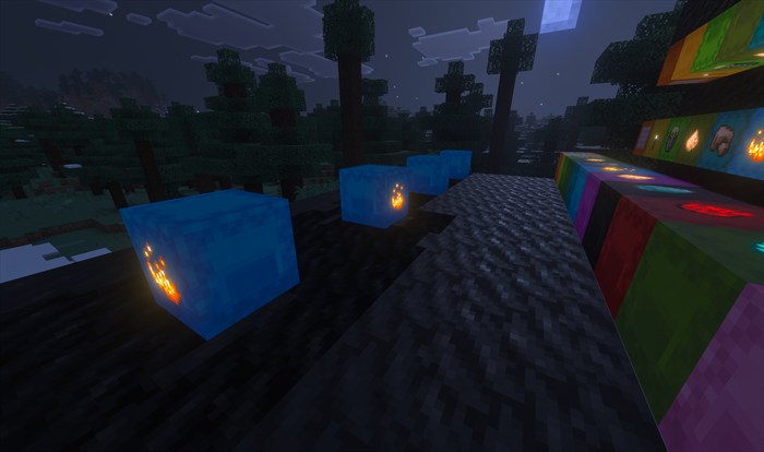 A wide view of labels placed across several shulker-box side faces