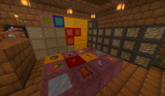 A storage room filled with shulker boxes labeled on walls and floors
