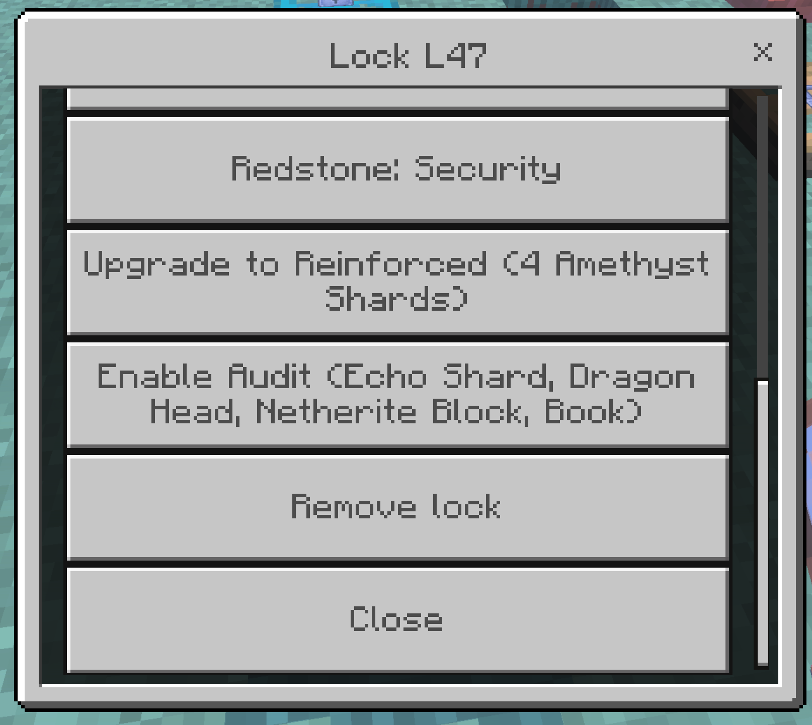 Lock settings with redstone, upgrade, audit, and remove