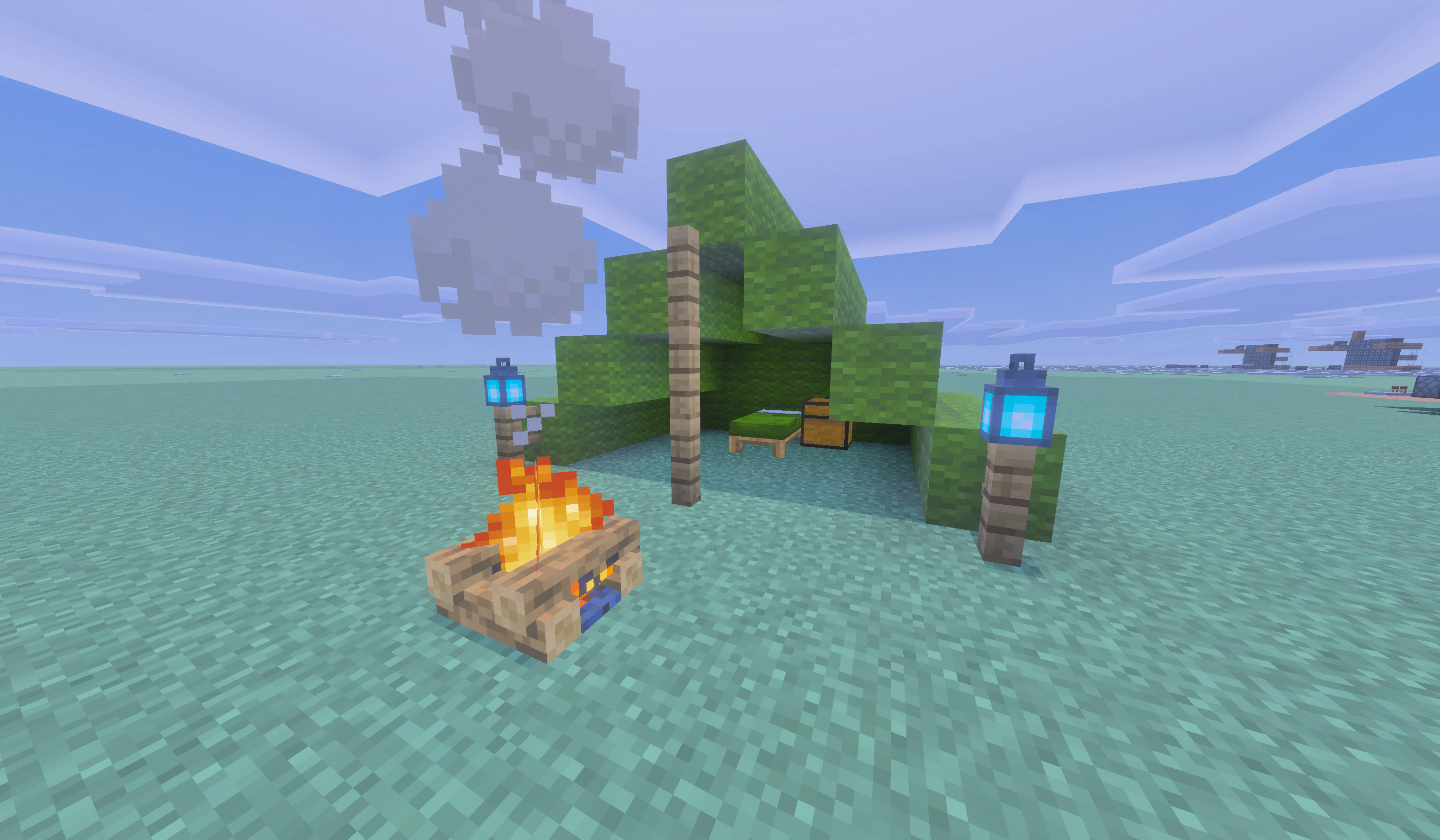 A deployed green wool campsite