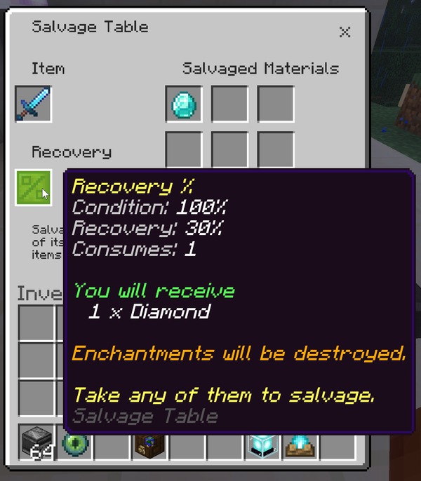 An enchanted Diamond Sword previewed, warning that the enchantments will be destroyed