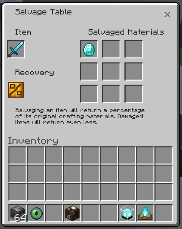 An enchanted Diamond Sword in the Item slot, before the warning is read