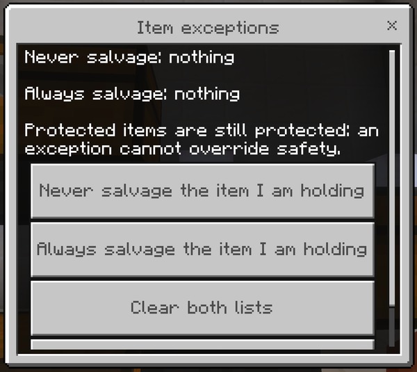 The Item exceptions screen, showing the never-salvage and always-salvage lists