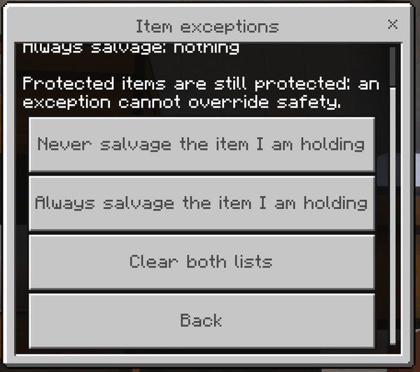 The Item exceptions screen with both lists populated
