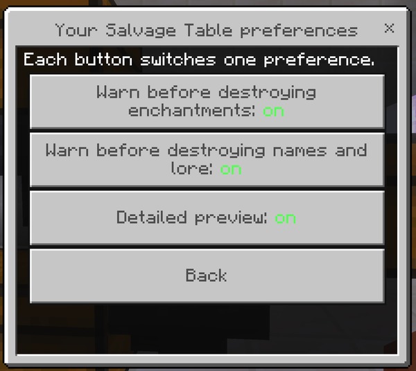 The personal preferences screen