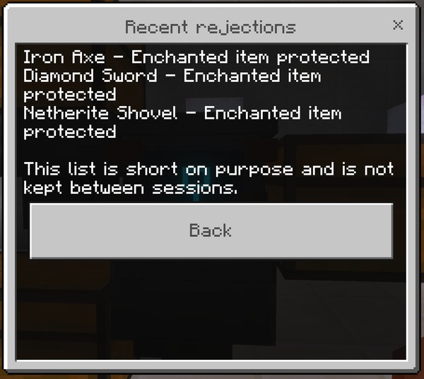 The Recent rejections list, showing refused items and the reason for each