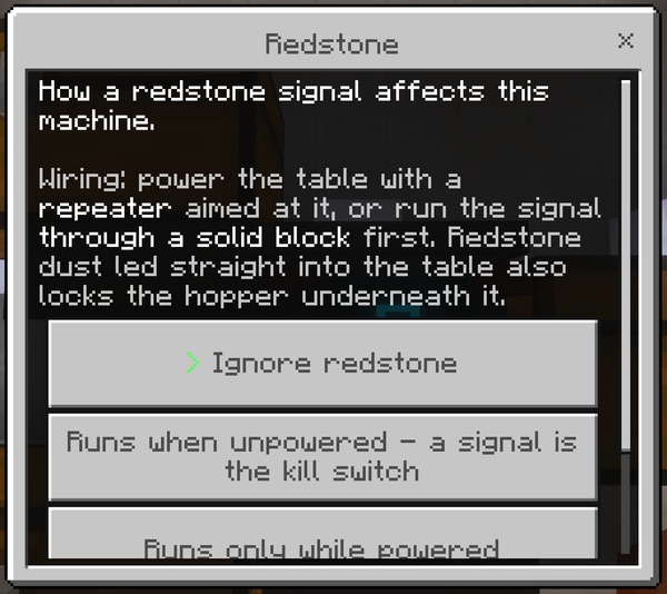 The Redstone screen, including the wiring note