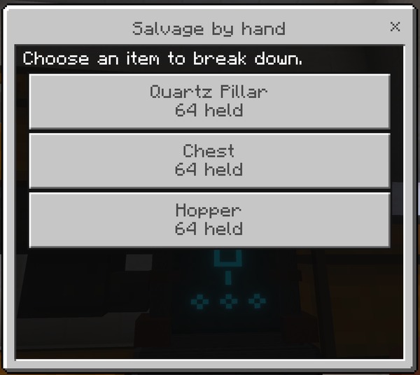 The Salvage by hand list, showing every salvageable item being carried
