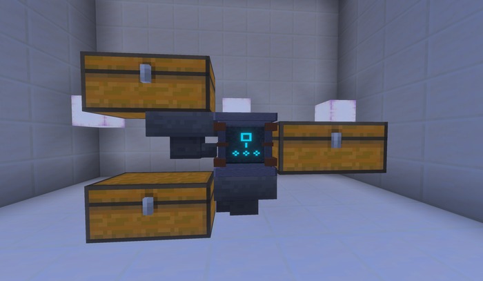 A Salvage Table fed by a hopper, with an output chest below and a reject chest to the side