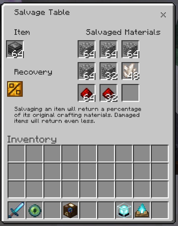 The Andy's Salvage Table interface, showing the Item slot and the Salvaged Materials grid