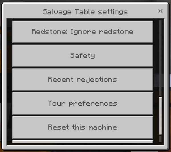 The machine menu, continued: filter, item exceptions, speed and redstone