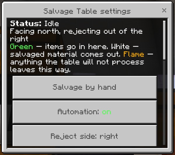 The Salvage Table settings menu, showing automation, filter, speed and redstone