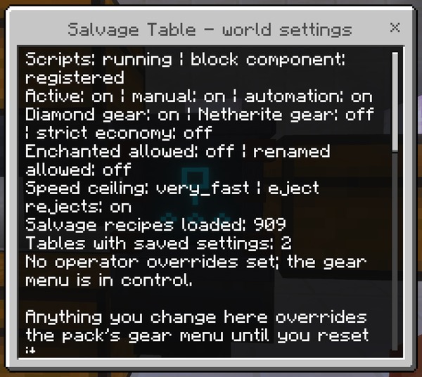 Andy's Salvage Table world settings form