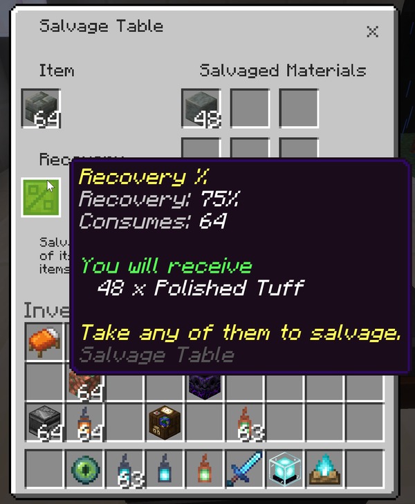 The Recovery % tooltip showing rate, amount consumed, and the materials coming back