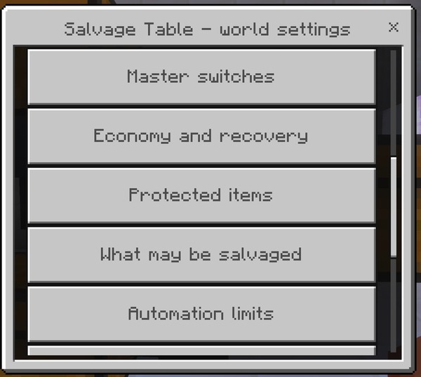 The world settings menu, with the eight setting groups an operator can open