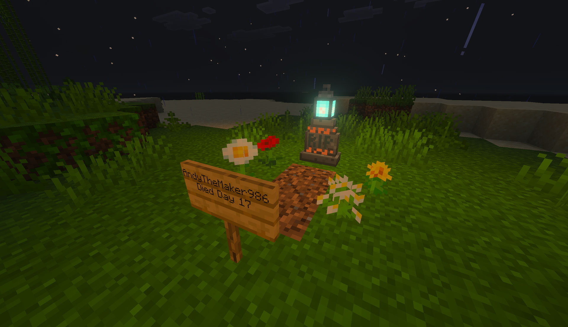An in-game Soulbound Graves burial plot in the Overworld, with a lantern-topped tombstone, flowers, coarse dirt, and a protected death-day sign.