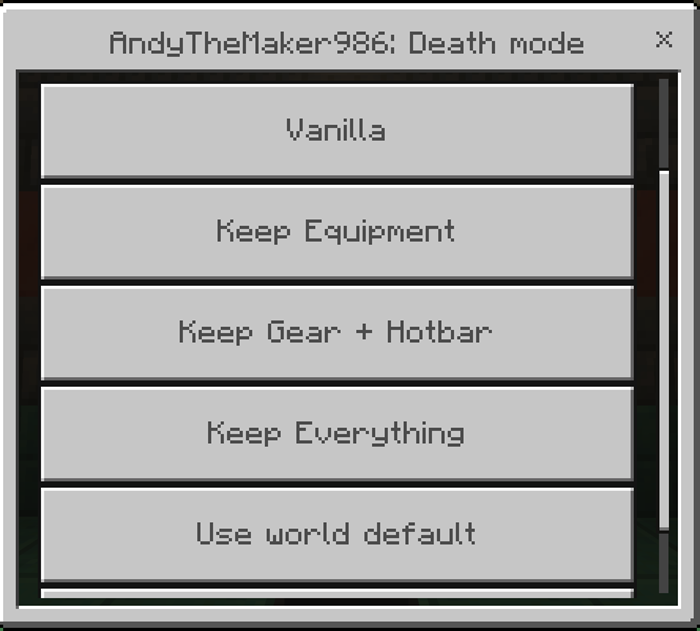Four inventory retention modes plus the world-default choice