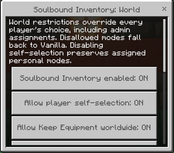 Admin controls for enabling Soulbound Inventory and player self-selection