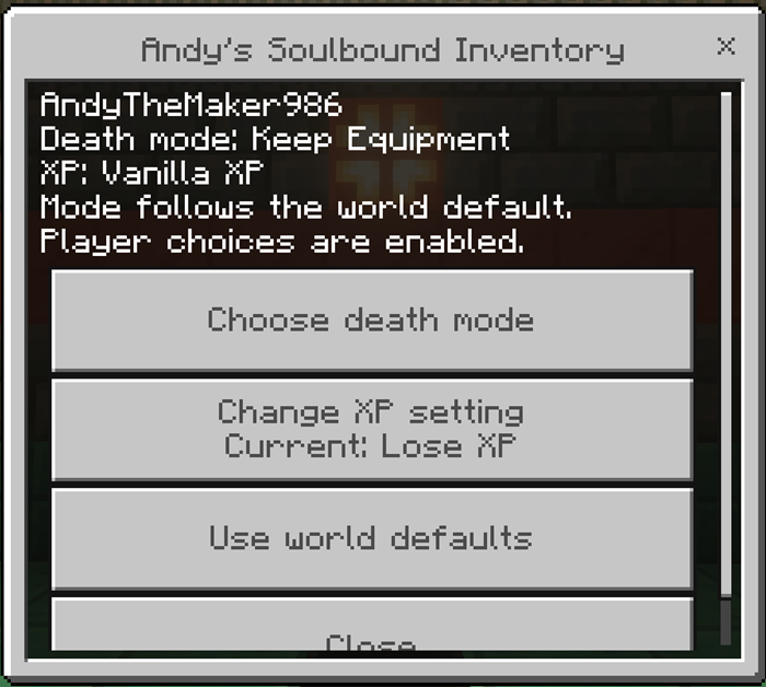 Player settings showing the effective death mode, XP behavior, defaults, and choice availability