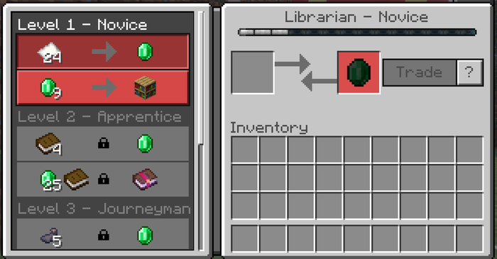 A novice librarian trade screen showing locked future tiers