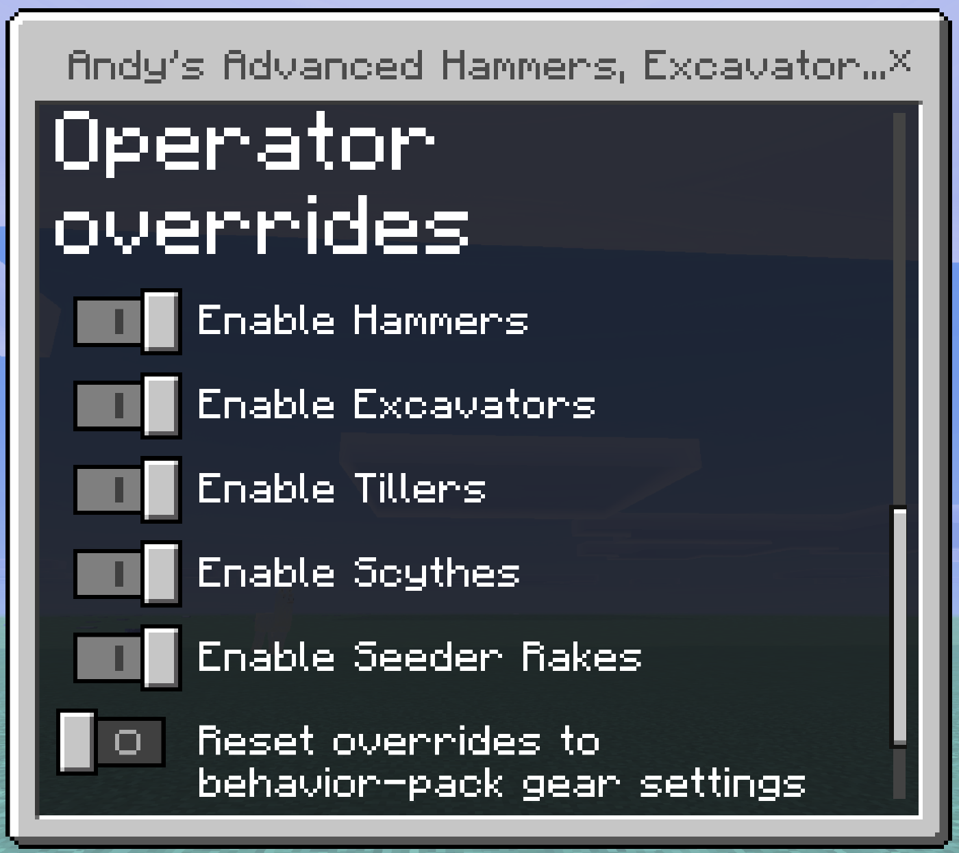 The Operator overrides section with five enable toggles and a reset toggle