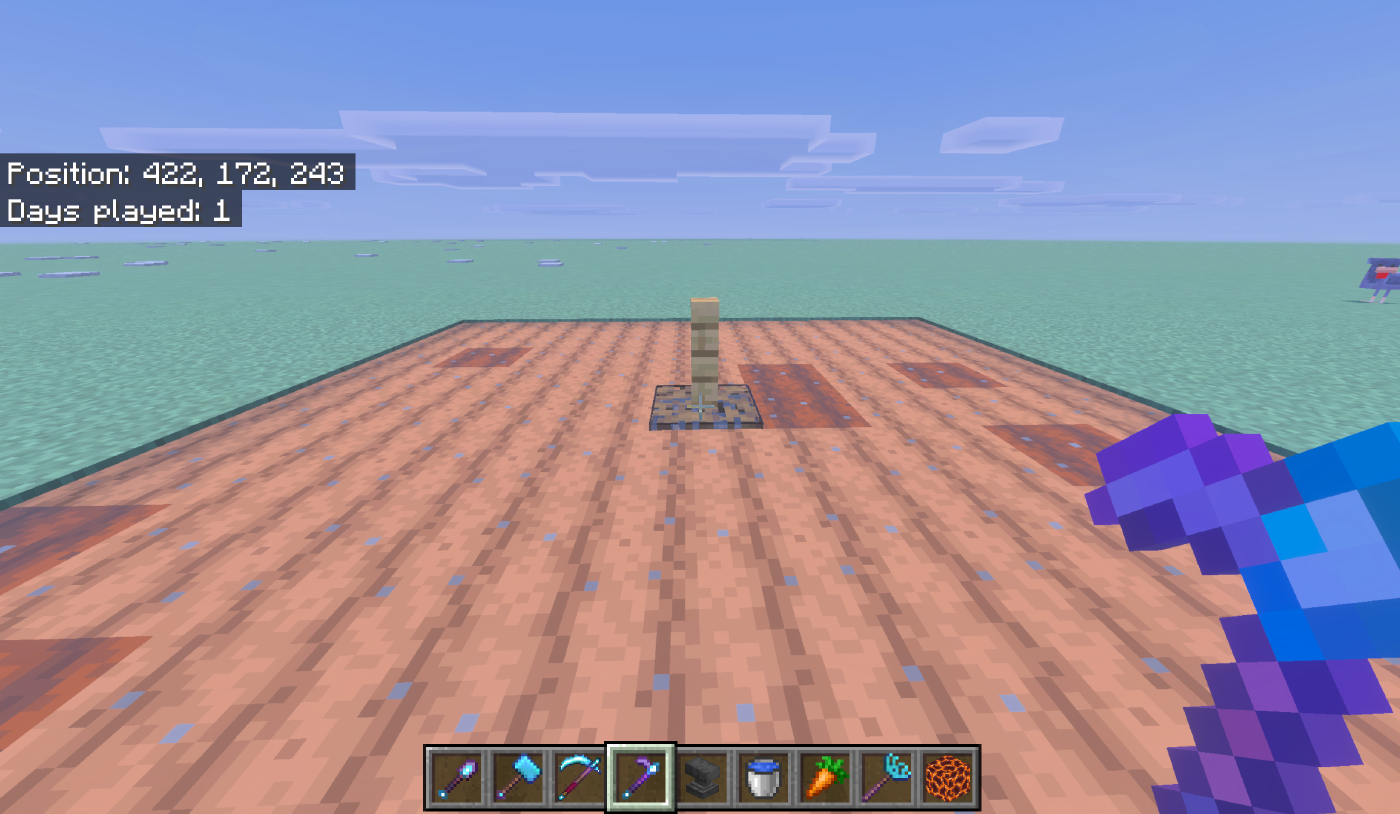 A finished 9 by 9 farmland field with a sealed centre block carrying a fence post