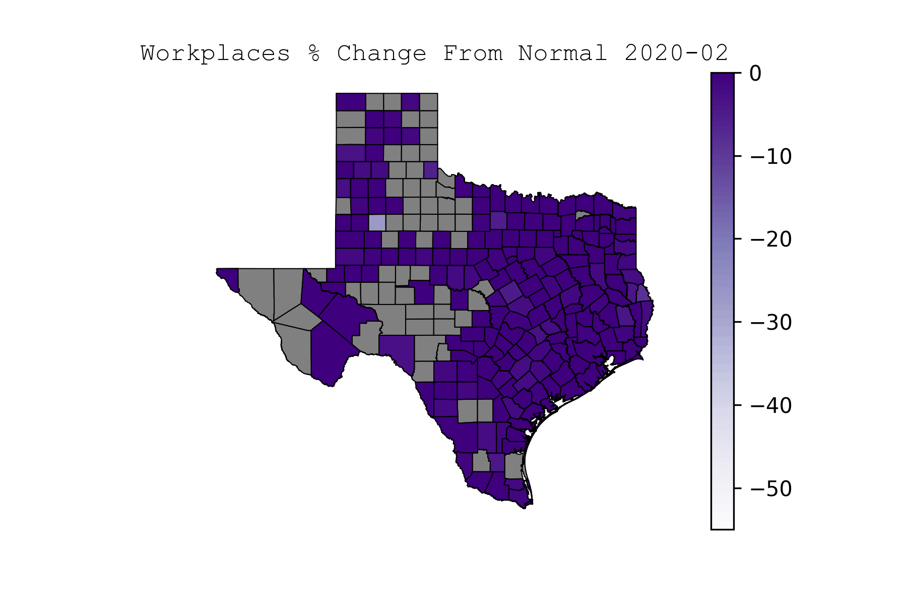 Animated choropleth map of Texas counties showing the changes to travel to workplaces caused by the COVID-19 pandemic.