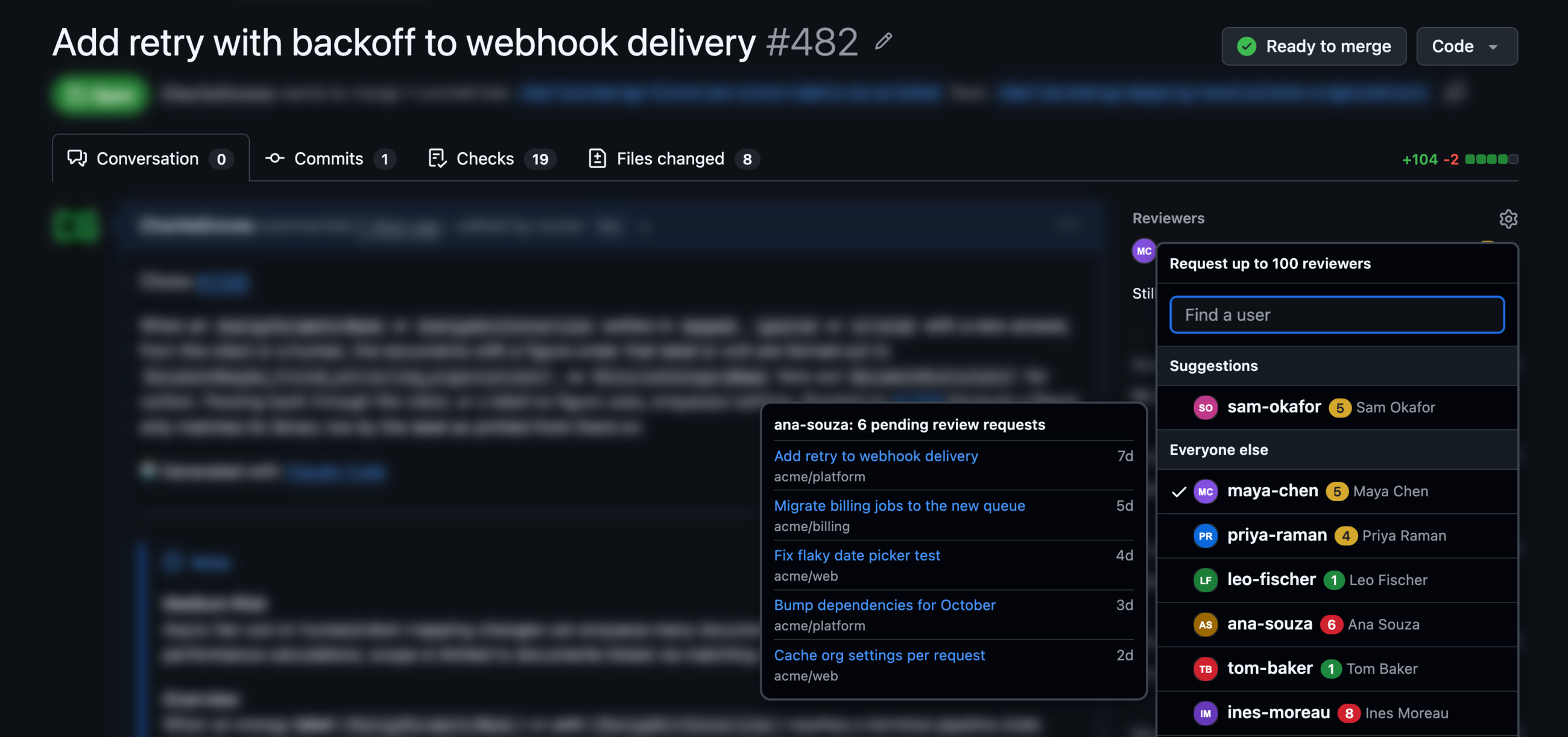 ReviewLoad on a real GitHub pull request: counts next to each person in the Reviewers menu, and the hover card listing one person's waiting reviews