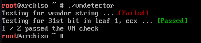 Image of program working in a virtual machine. Displays a fail for the vendor string but a pass for the 31st bit in leaf 1 of ecx