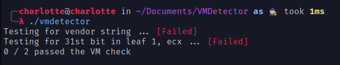 Image of program working not in a virtual machine. Displays a fail for the vendor string and a fail for the 31st bit in leaf 1 of ecx