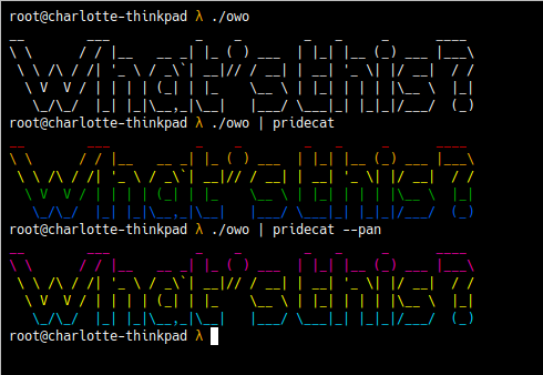 Screenshot of program running normally as well as being piped into pridecat