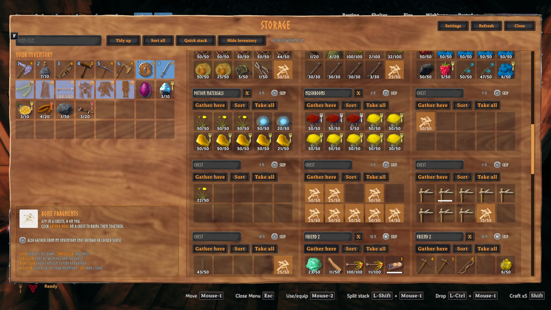 A chosen item: every stack lights up, with totals in the panel