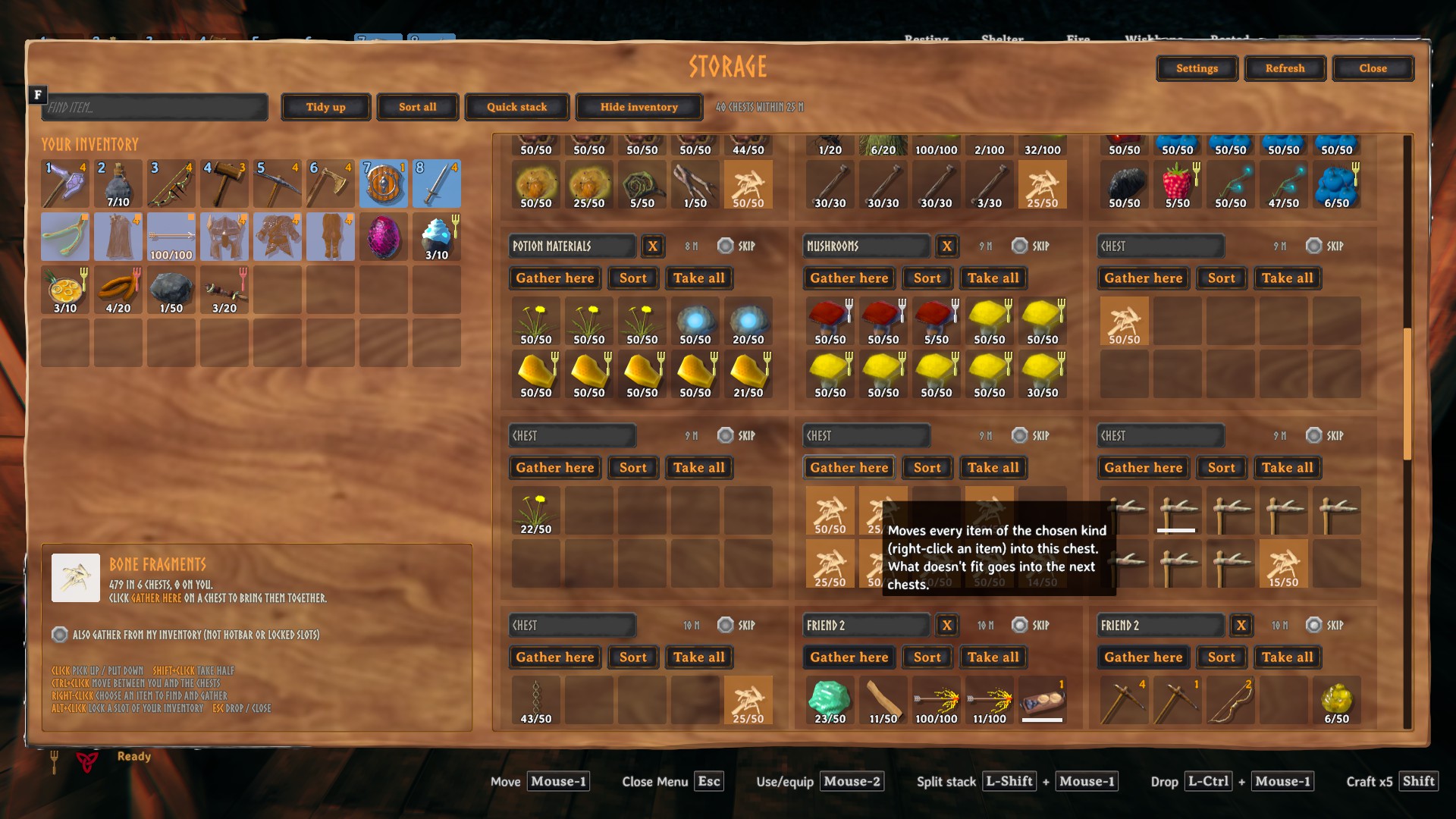 Bone fragments spread over six chests