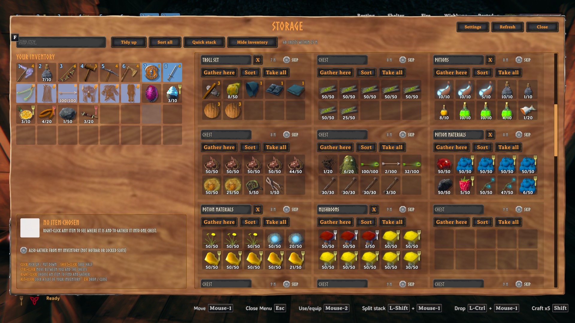 The Storage window: your inventory next to every chest around you