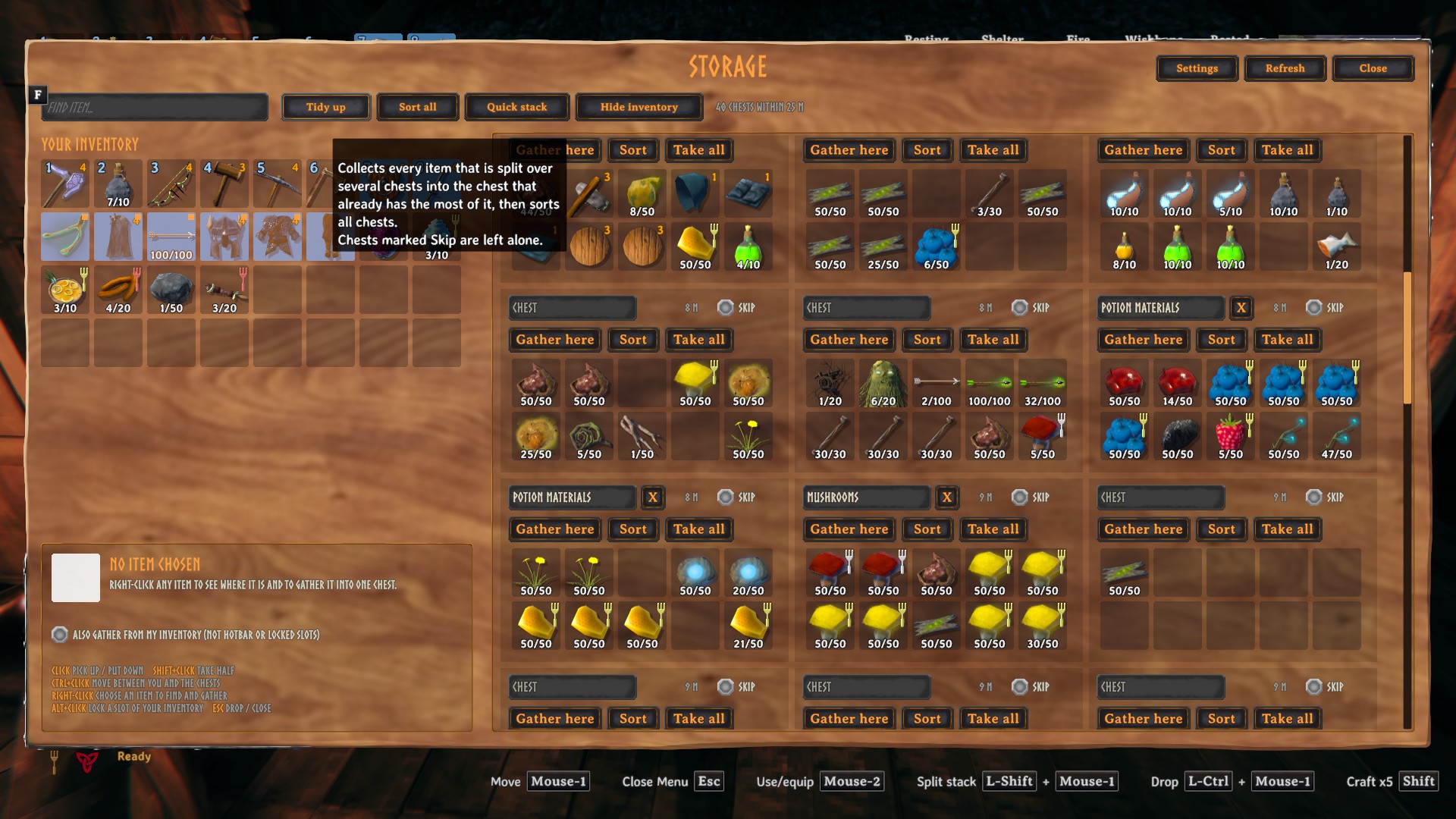 Items scattered over many chests